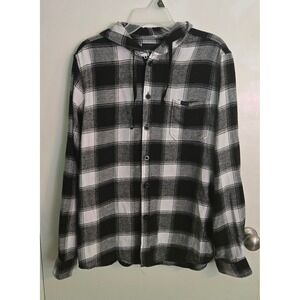 Aeropostale Hooded Flannel Shirt Mens‎ Size L Black White Plaid Button Down